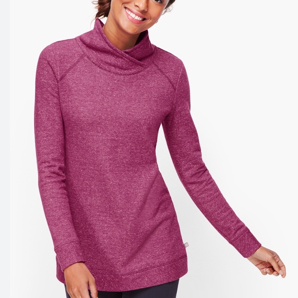 Talbots Plush Fleece Cowl Neck Tunic Sweatshirt Raspberry Heather L Petite